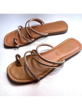 Fabio Maggeti Rhinestone Flat Sandals Rose Gold Metallic Strappy Size 9-9.5 NEW